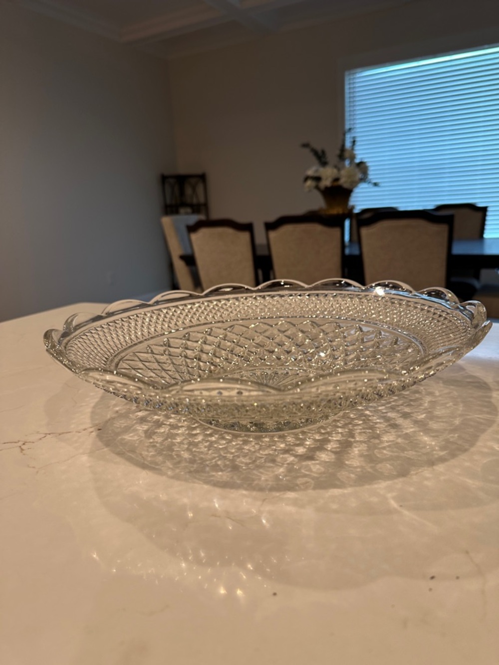 Wexford 14" cut glass fruit bowl scalloped Vtg clear service Centerpiece Round